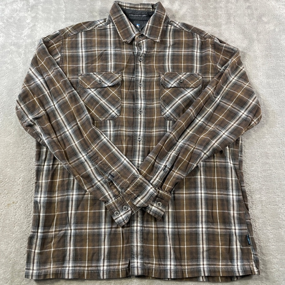 Kuhl Flannel Shirt Mens Medium Brown Plaid Outdoor Hiking Travel Light Fall